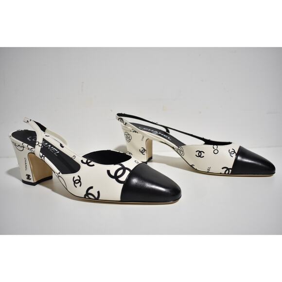 Chanel 23P Mademoiselle Coco Sling White Black CC Logo Slingback Sandal Heel 37 - Picture 5 of 12